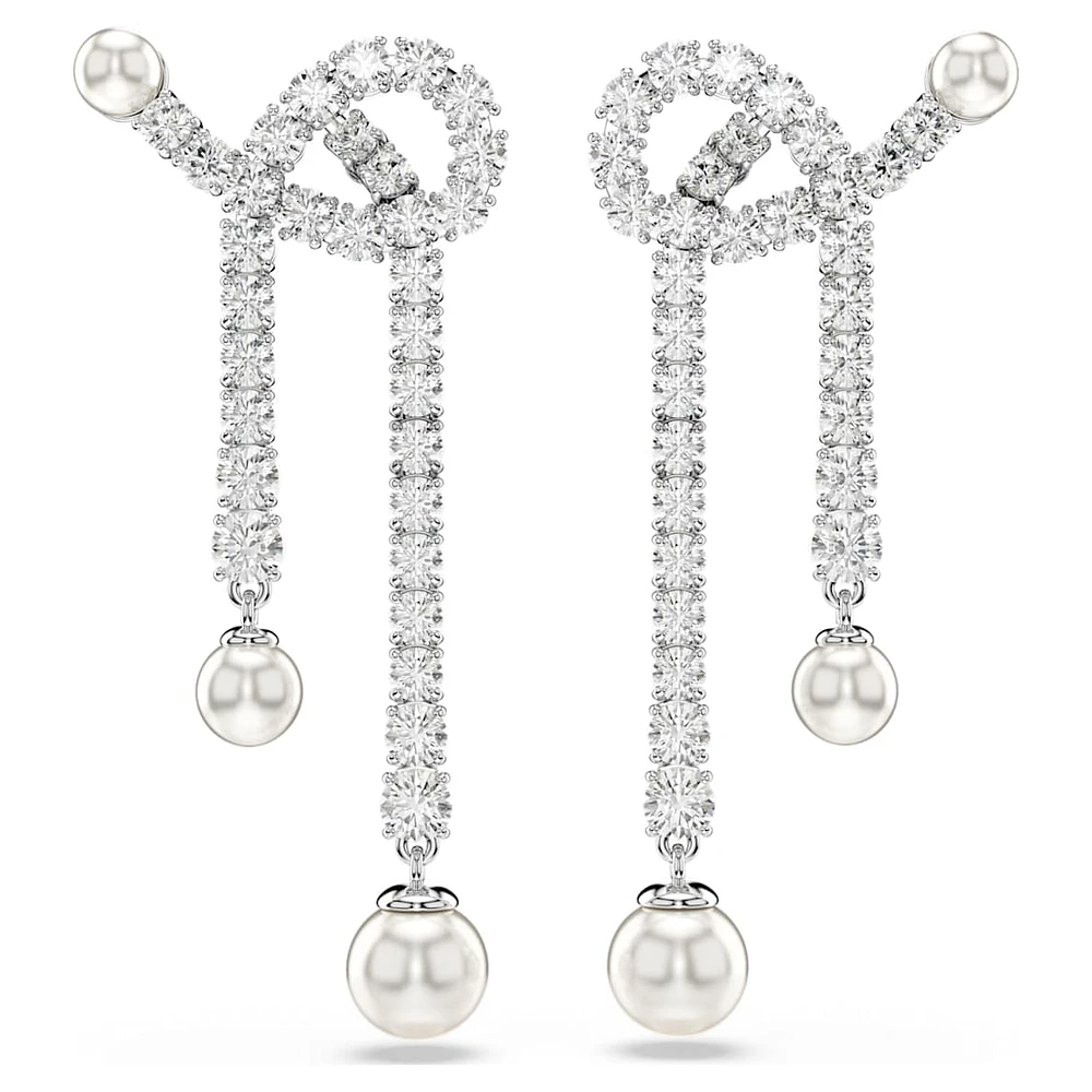 Matrix drop earrings, Crystal pearl, Round cut, White, Rhodium plated by SWAROVSKI