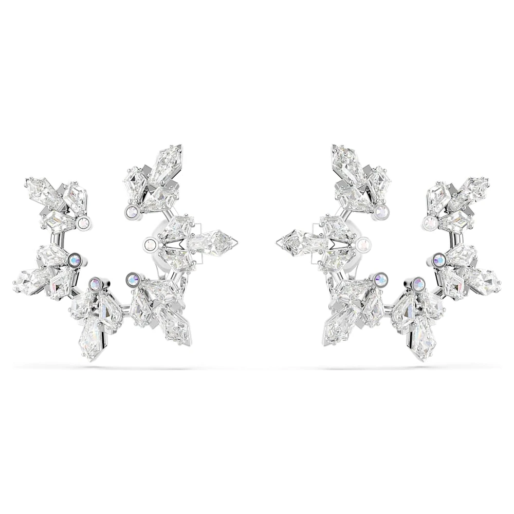 Idyllia clip earrings, Mixed cuts, Snowflake, White, Rhodium plated by SWAROVSKI