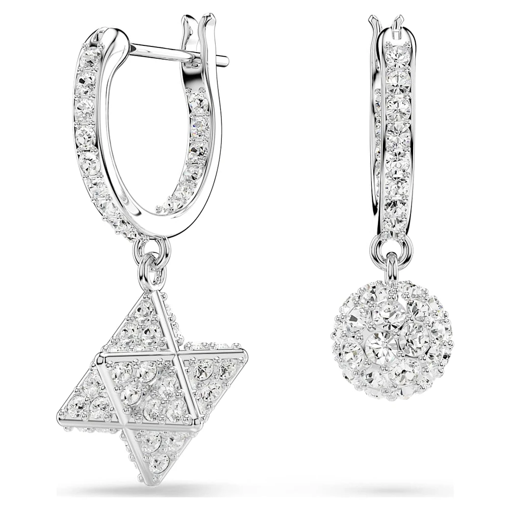 Dextera drop earrings, Asymmetrical design, Round cut, Star and sphere, White, Rhodium plated by SWAROVSKI