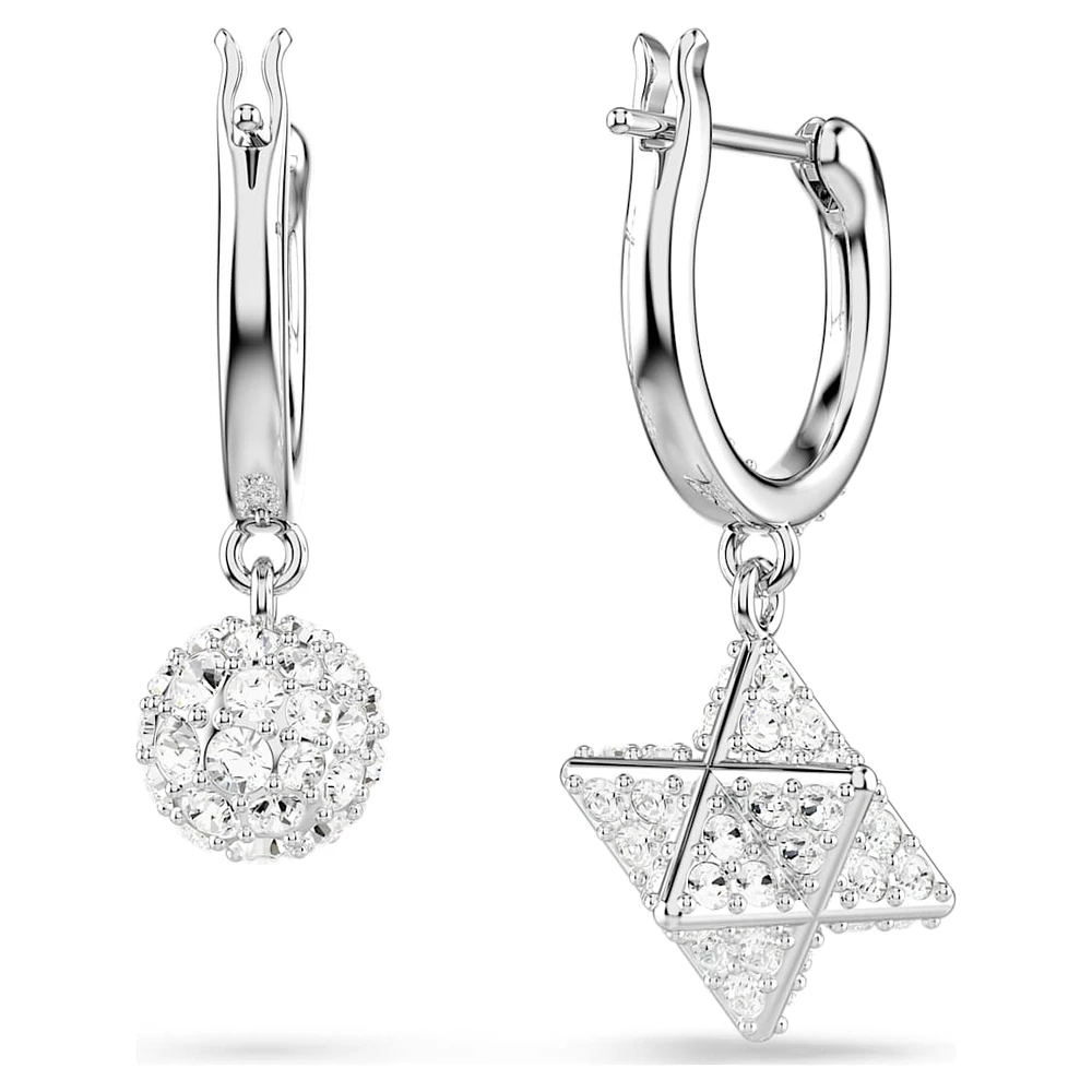 Dextera drop earrings, Asymmetrical design, Round cut, Star and sphere, White, Rhodium plated by SWAROVSKI