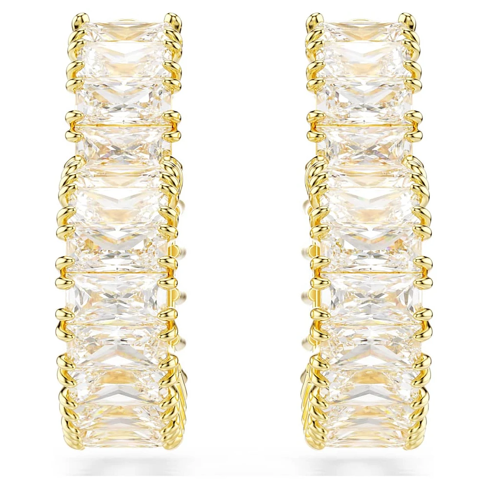 Matrix hoop earrings, Baguette cut, Heart, Small, White, Gold-tone plated by SWAROVSKI