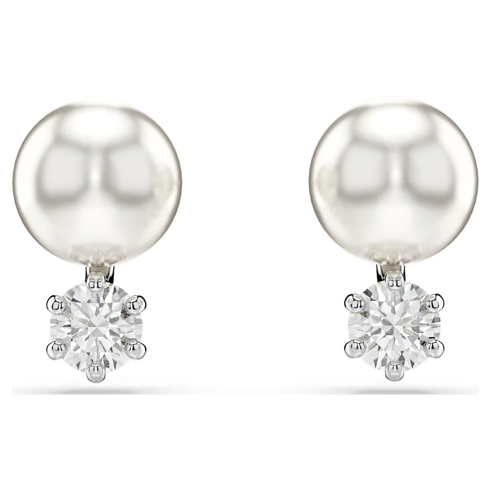 Matrix stud earrings, Crystal pearl, Round cut, White, Rhodium plated by SWAROVSKI