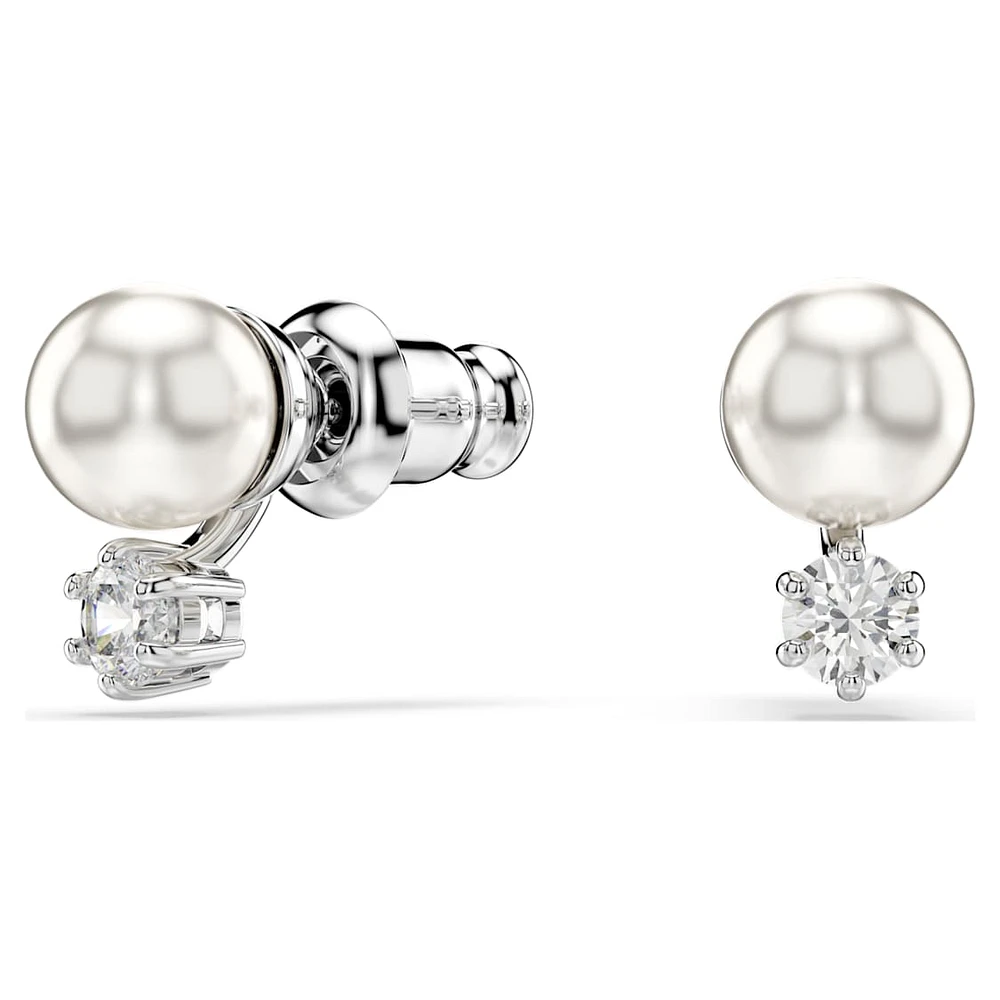Matrix stud earrings, Crystal pearl, Round cut, White, Rhodium plated by SWAROVSKI