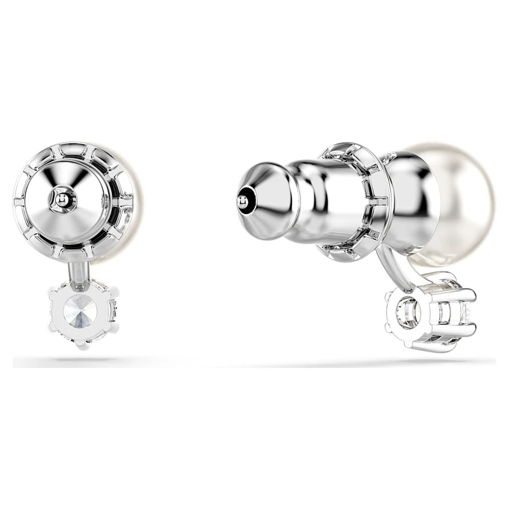 Matrix stud earrings, Crystal pearl, Round cut, White, Rhodium plated by SWAROVSKI