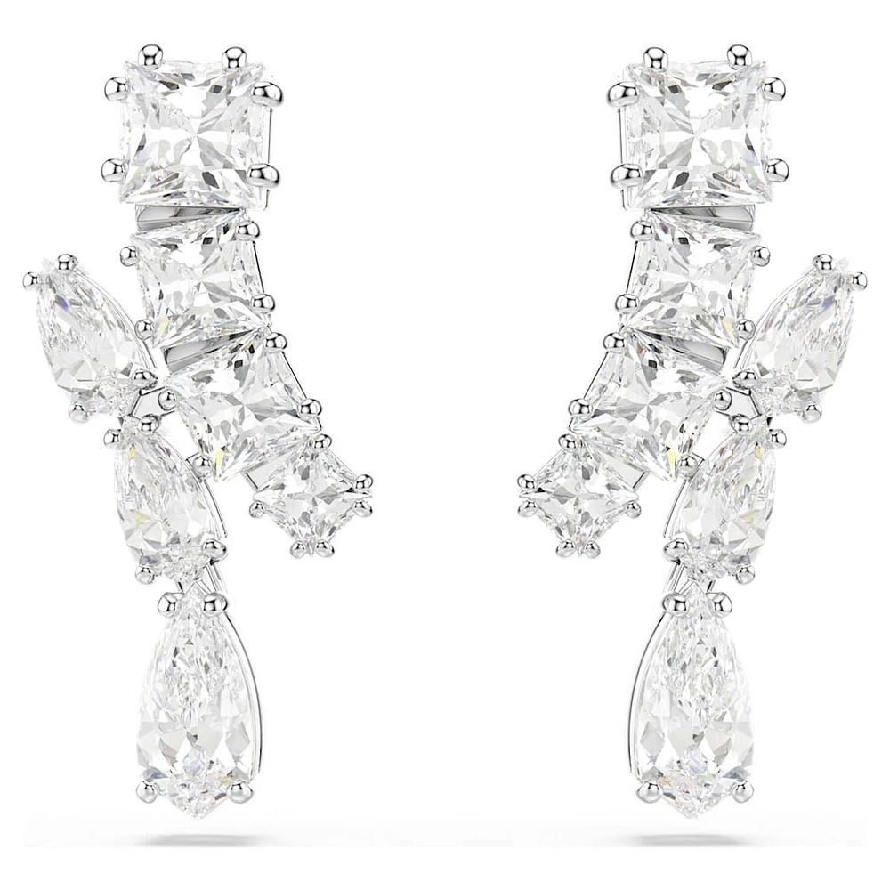 Matrix drop earrings, Mixed cuts, White, Rhodium plated by SWAROVSKI