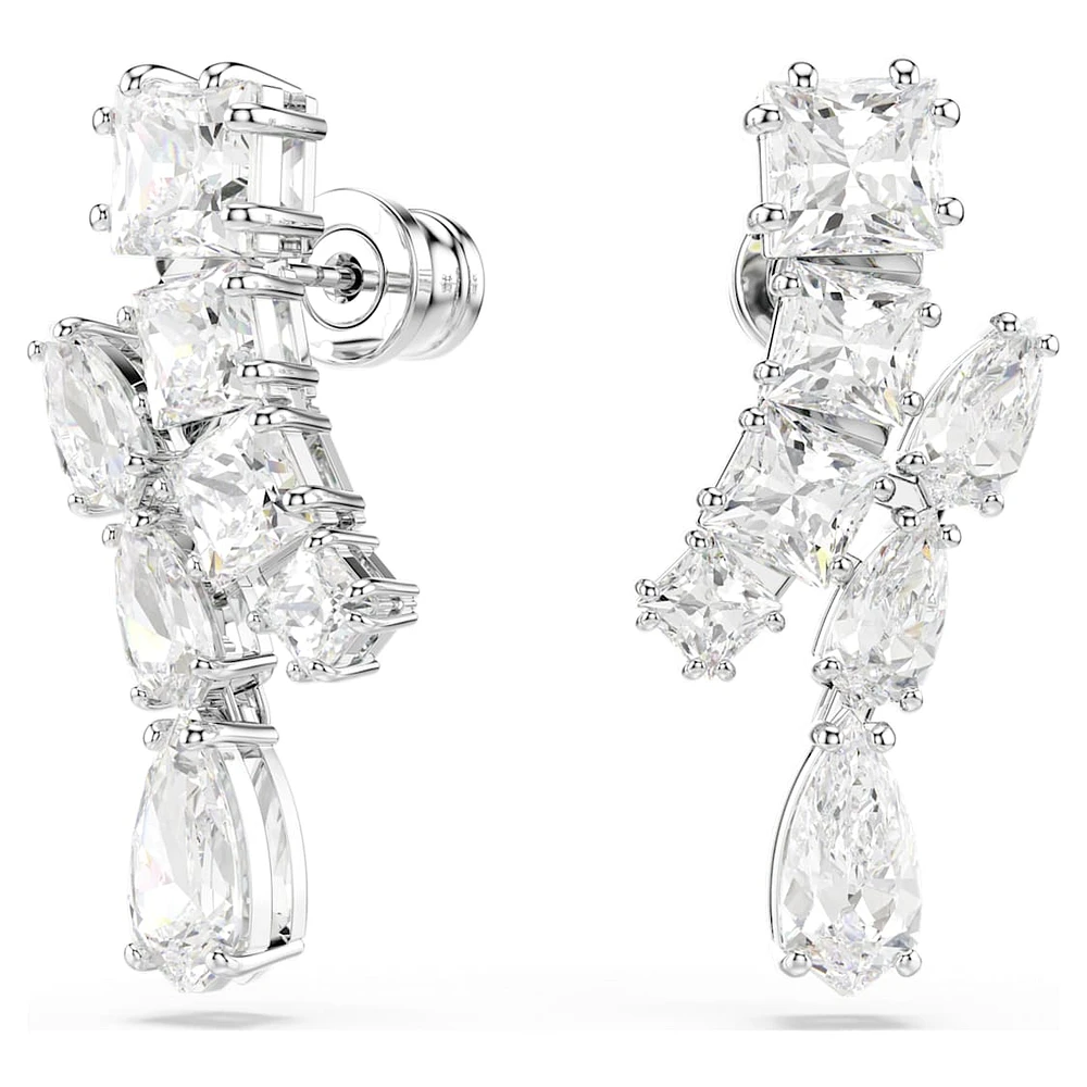 Matrix drop earrings, Mixed cuts, White, Rhodium plated by SWAROVSKI