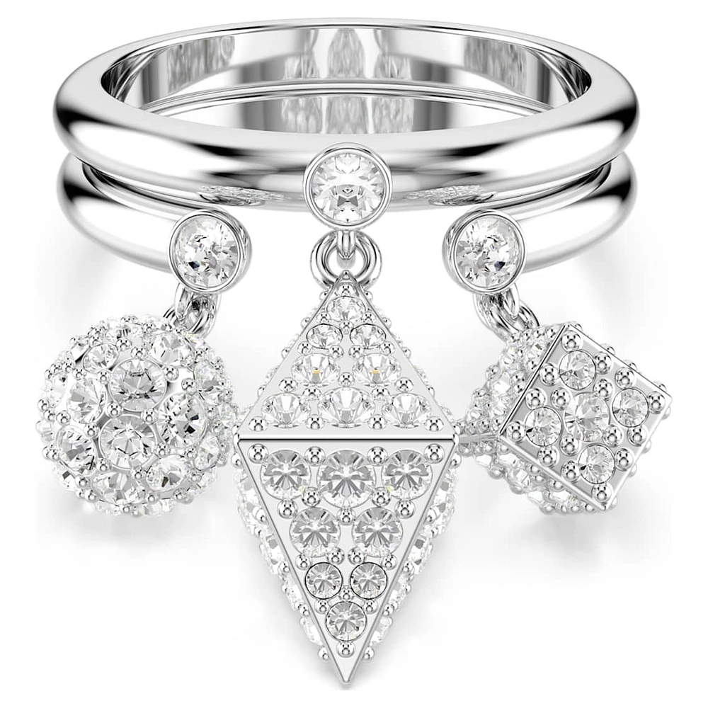 Dextera ring, Set (2), Sphere and cube, White, Rhodium plated by SWAROVSKI