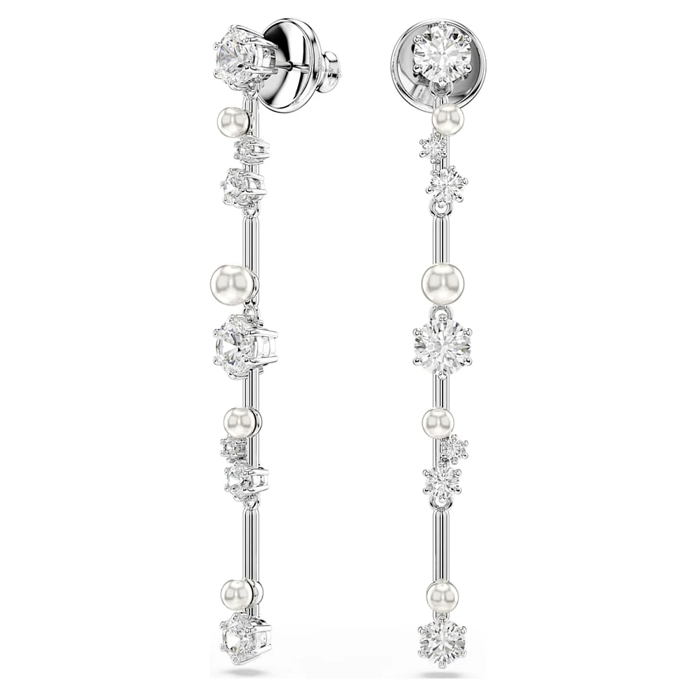 Constella drop earrings, Crystal pearl, Round cuts, White, Rhodium plated by SWAROVSKI