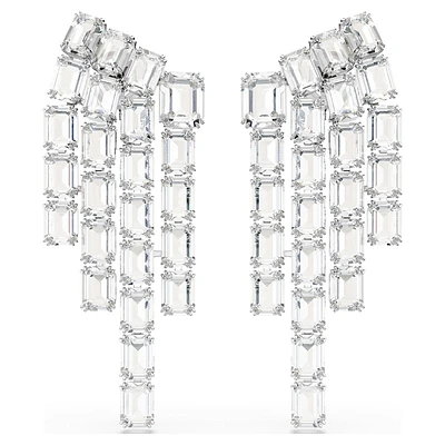 Millenia clip earrings, Octagon cut, Chandelier, White, Rhodium plated by SWAROVSKI