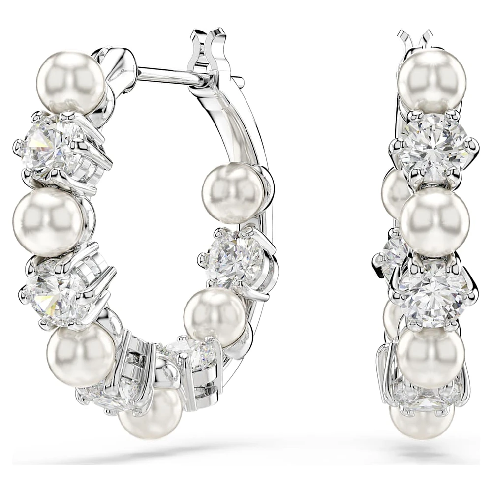 Matrix hoop earrings, Crystal pearl, Round cut, White, Rhodium plated by SWAROVSKI