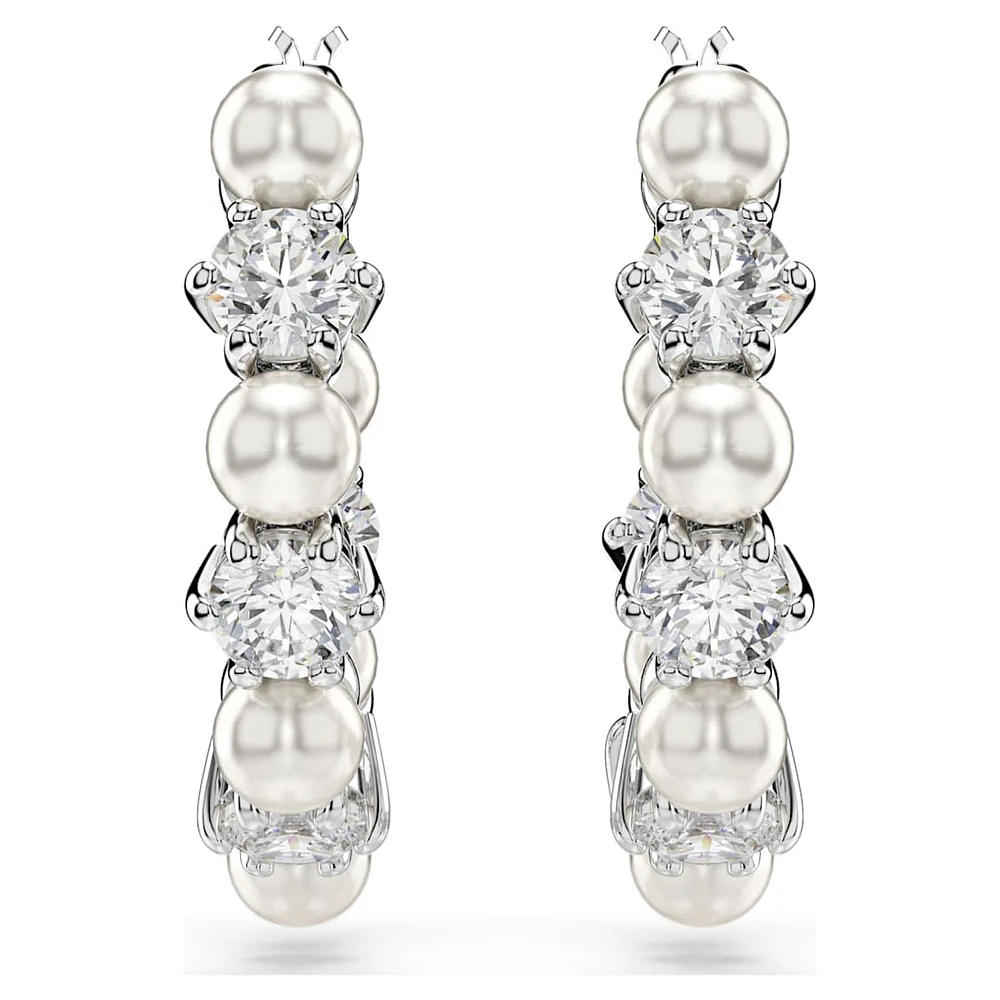 Matrix hoop earrings, Crystal pearl, Round cut, White, Rhodium plated by SWAROVSKI