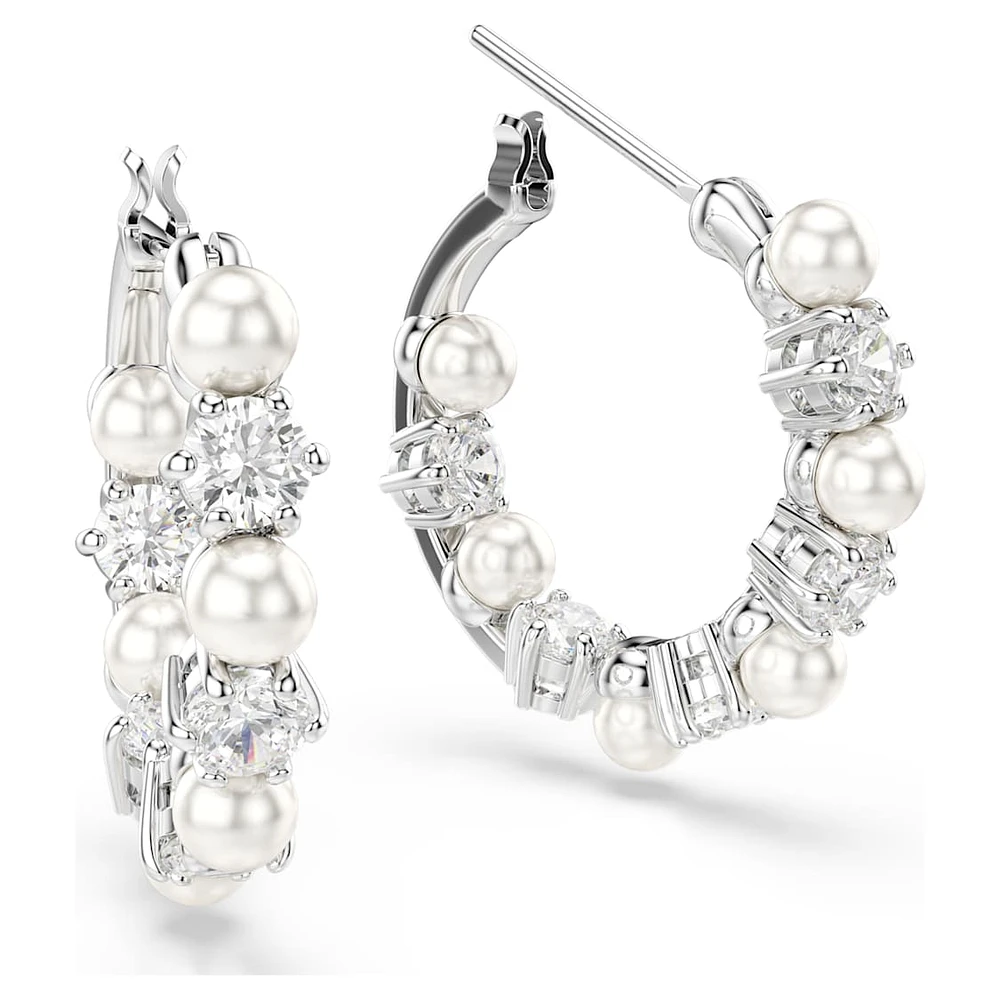 Matrix hoop earrings, Crystal pearl, Round cut, White, Rhodium plated by SWAROVSKI