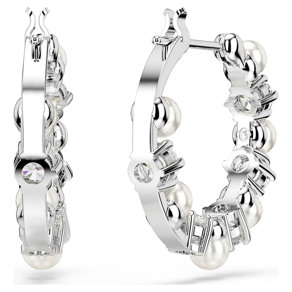 Matrix hoop earrings, Crystal pearl, Round cut, White, Rhodium plated by SWAROVSKI