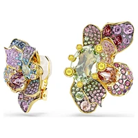 Idyllia clip earrings, Asymmetrical design, Mixed cuts, Pavé, Flower, Multicolored, Gold-tone plated by SWAROVSKI