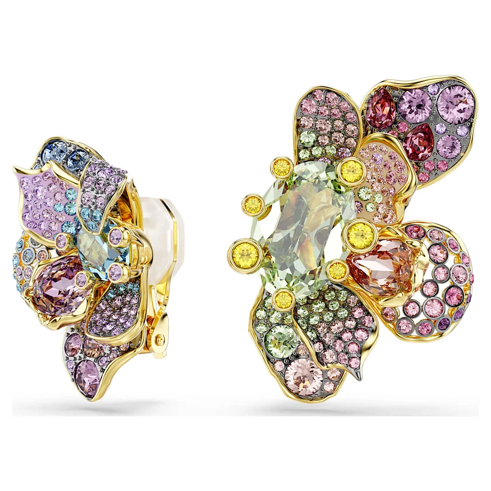 Idyllia clip earrings, Asymmetrical design, Mixed cuts, Pavé, Flower, Multicoloured, Gold-tone plated by SWAROVSKI
