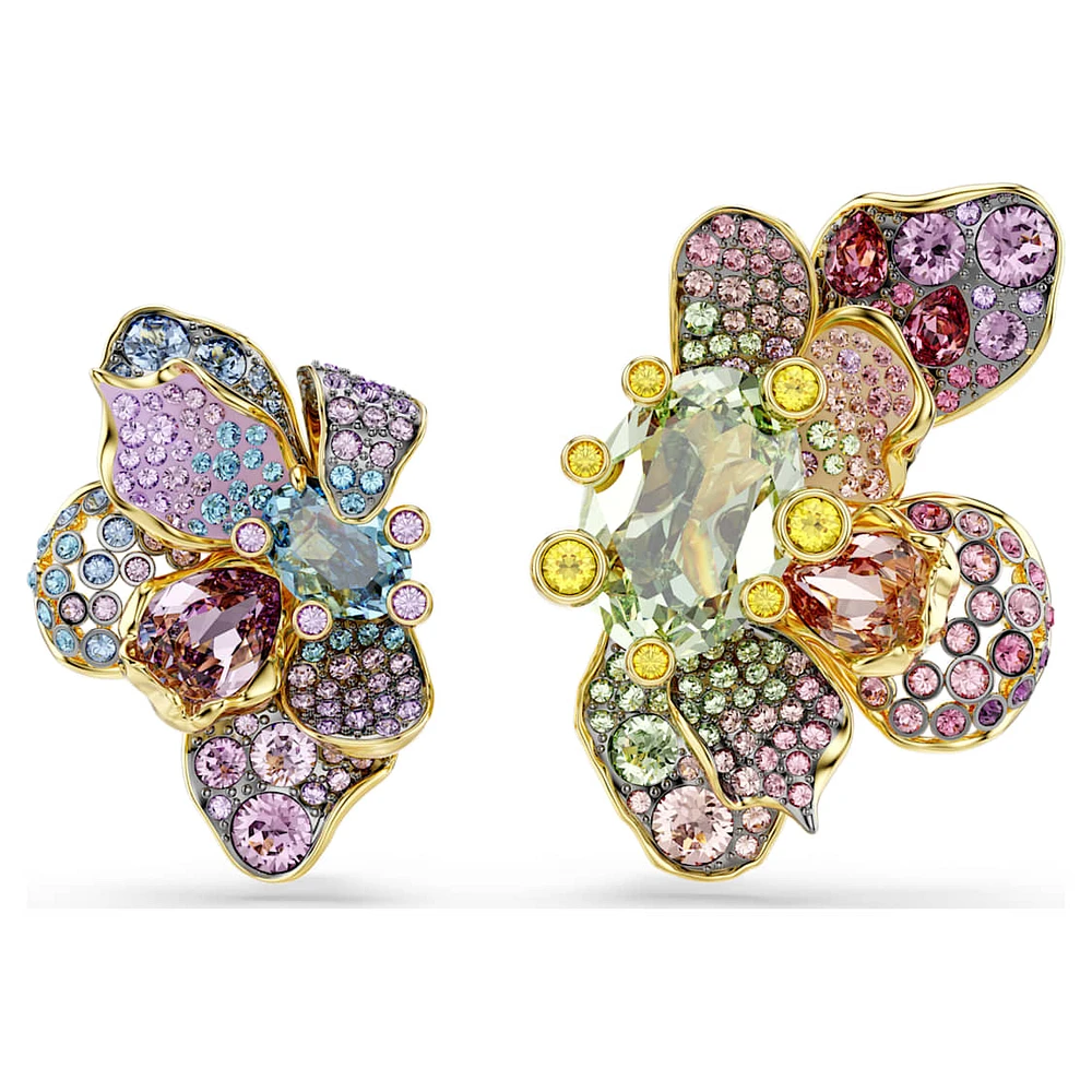 Idyllia clip earrings, Asymmetrical design, Mixed cuts, Pavé, Flower, Multicoloured, Gold-tone plated by SWAROVSKI