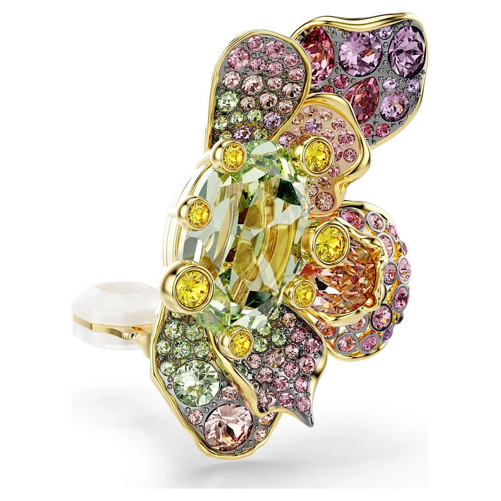 Idyllia clip earrings, Asymmetrical design, Mixed cuts, Pavé, Flower, Multicoloured, Gold-tone plated by SWAROVSKI