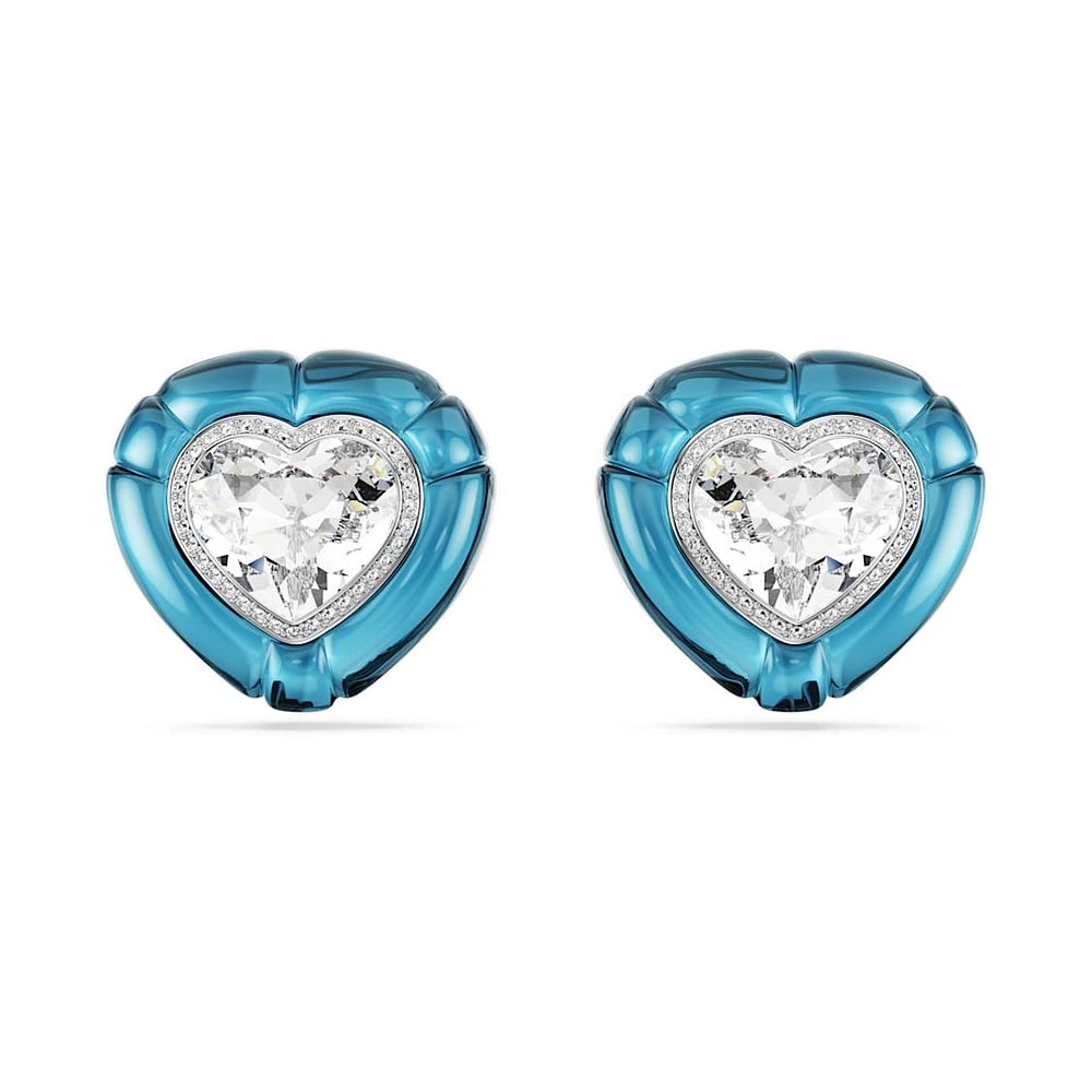 Dulcis clip earrings, Heart cut, Pavé, Heart, Blue, Rhodium plated by SWAROVSKI