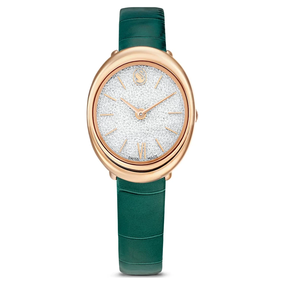 Imber watch, Swiss Made, Leather strap, Green, Rose gold-tone finish by SWAROVSKI