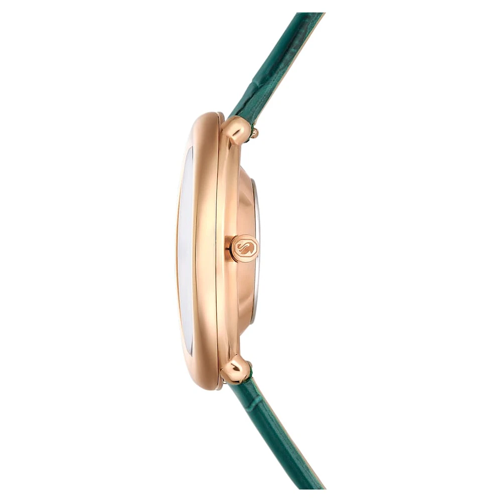 Imber watch, Swiss Made, Leather strap, Green, Rose gold-tone finish by SWAROVSKI