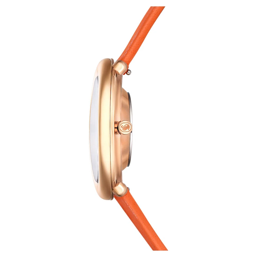 Imber oval watch, Swiss Made, Leather strap, Orange, Rose gold-tone finish by SWAROVSKI