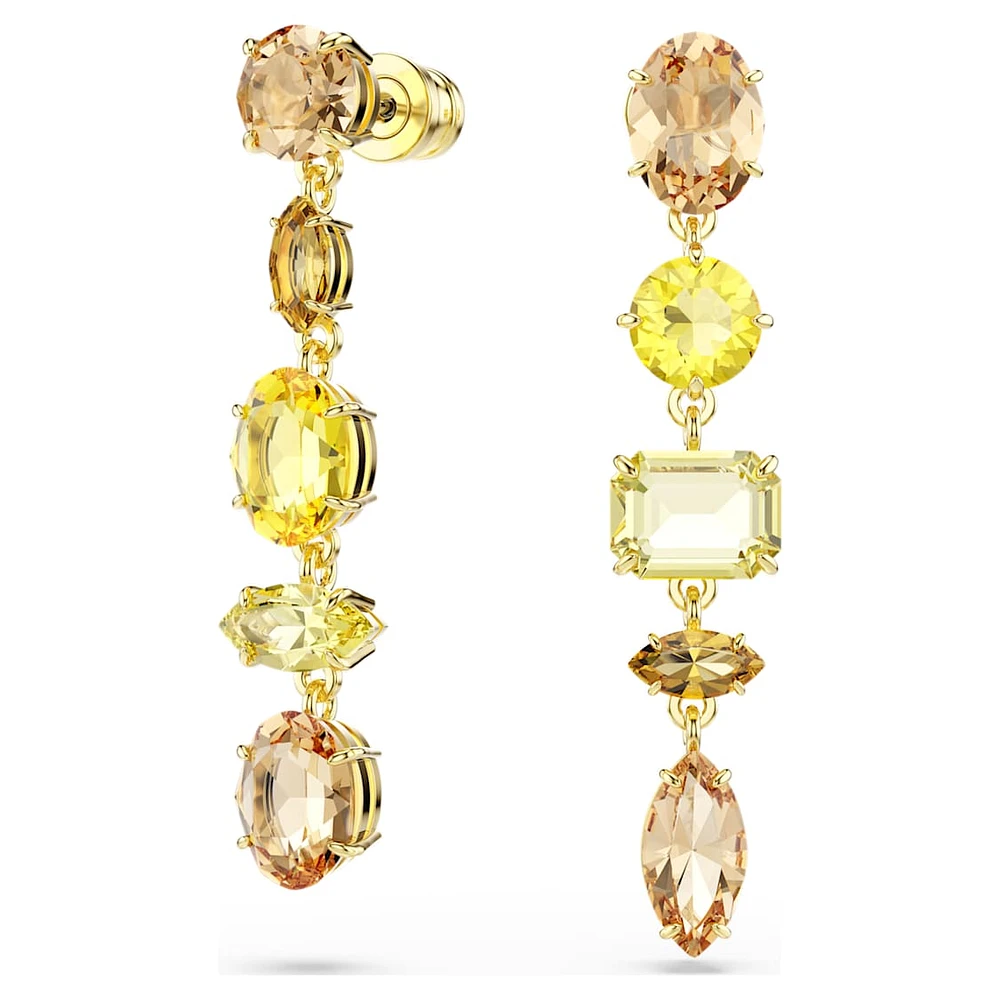 Gema drop earrings, Asymmetrical design, Mixed cuts, Long, Yellow, Gold-tone plated by SWAROVSKI