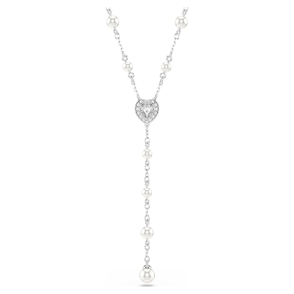 Ariana Grande x Swarovski Y necklace, Mixed cuts, Crystal pearl, Heart, White, Rhodium plated by SWAROVSKI