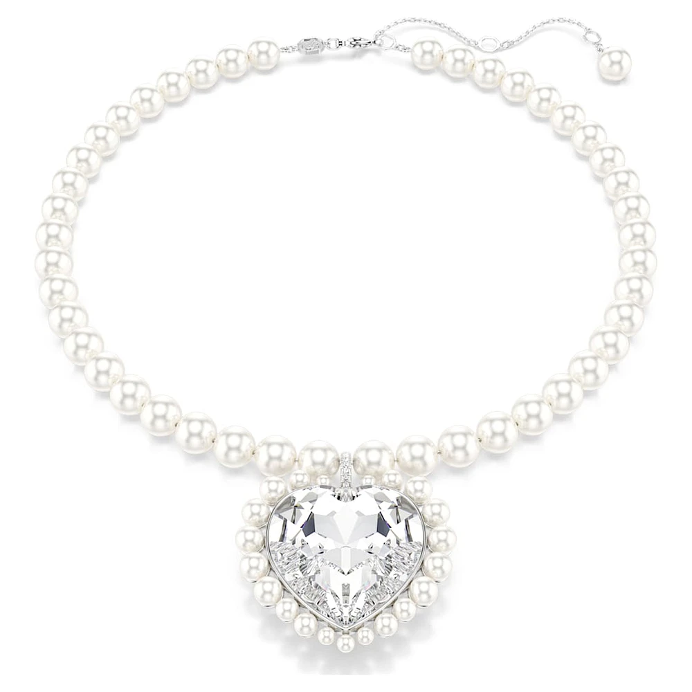 Ariana Grande x Swarovski necklace, Crystal pearl, Heart cut, Heart, White, Rhodium plated by SWAROVSKI