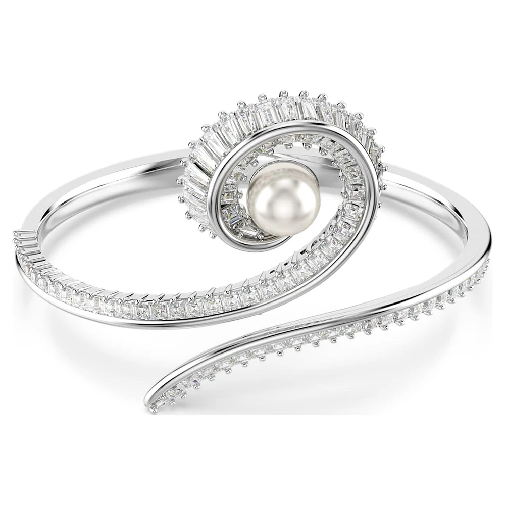 Ariana Grande x SWAROVSKI bangle, Crystal pearl, Baguette cut, White, Rhodium plated by