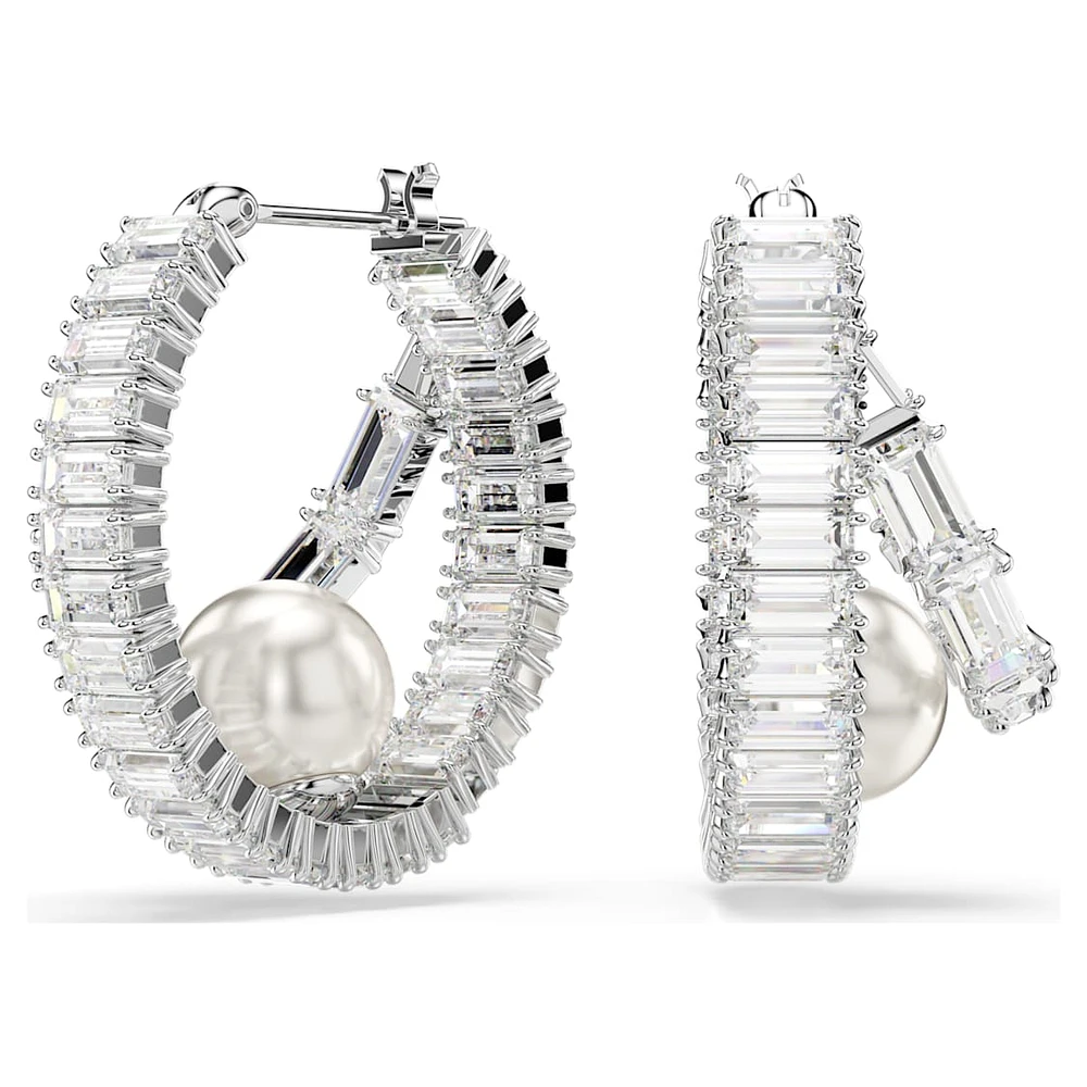 Ariana Grande x Swarovski hoop earrings, Crystal pearl, Baguette cut, White, Rhodium plated by SWAROVSKI