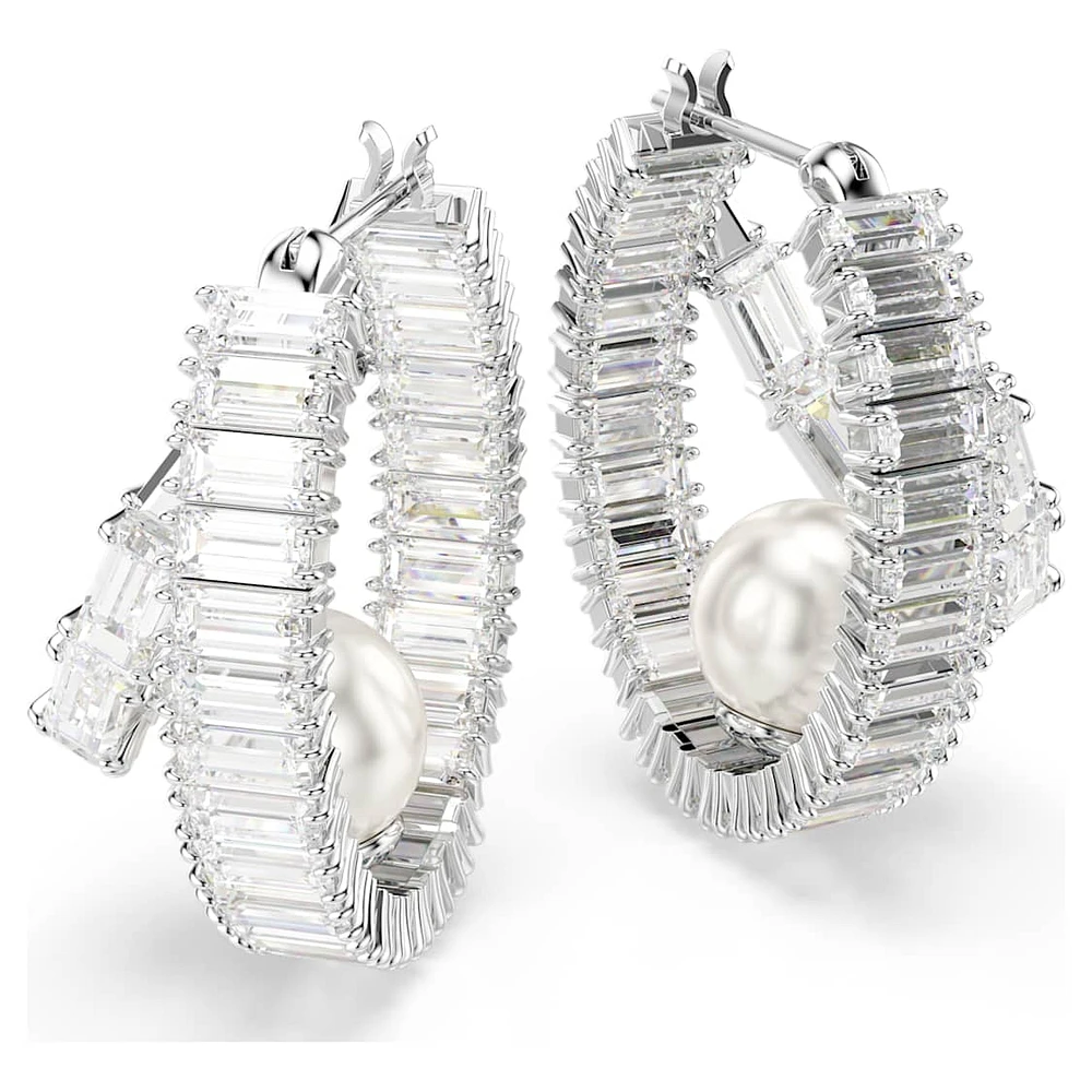 Ariana Grande x Swarovski hoop earrings, Crystal pearl, Baguette cut, White, Rhodium plated by SWAROVSKI