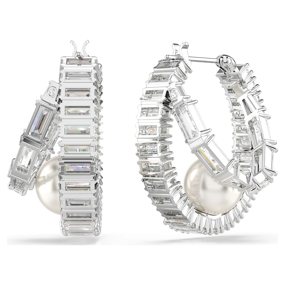 Ariana Grande x Swarovski hoop earrings, Crystal pearl, Baguette cut, White, Rhodium plated by SWAROVSKI