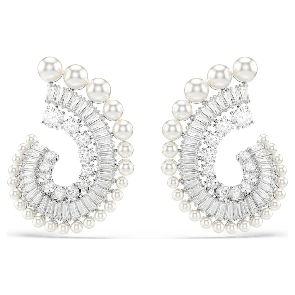 Ariana Grande x Swarovski drop earrings, Crystal pearl, Mixed cuts, White, Rhodium plated by SWAROVSKI