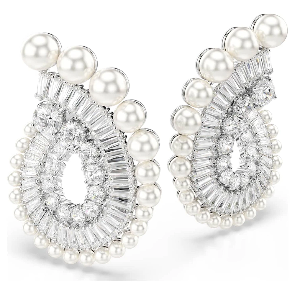 Ariana Grande x Swarovski drop earrings, Crystal pearl, Mixed cuts, White, Rhodium plated by SWAROVSKI