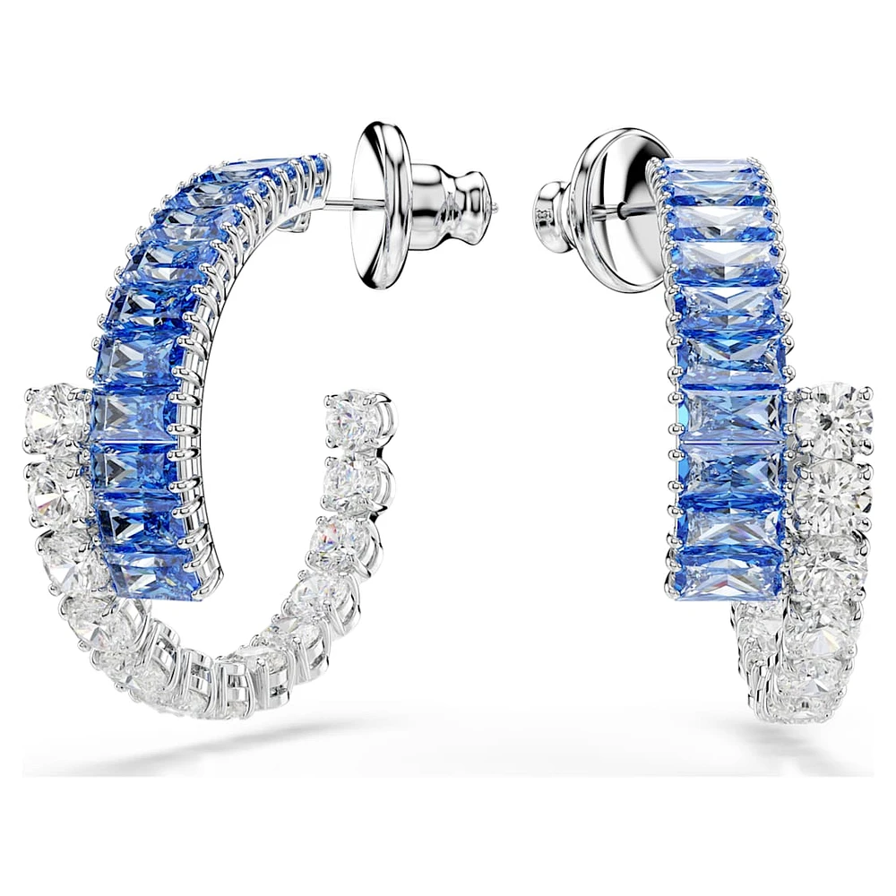 Matrix hoop earrings, Mixed cuts, Blue, Rhodium plated by SWAROVSKI