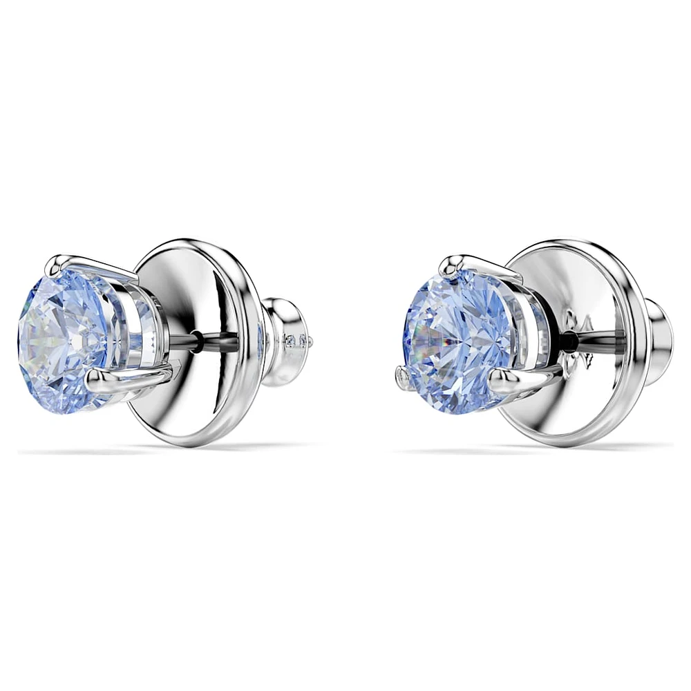 Solitaire stud earrings, Round cut, Blue, Rhodium plated by SWAROVSKI