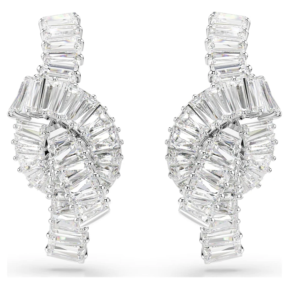 Matrix earrings, Baguette cut, Knot, White, Rhodium plated by SWAROVSKI