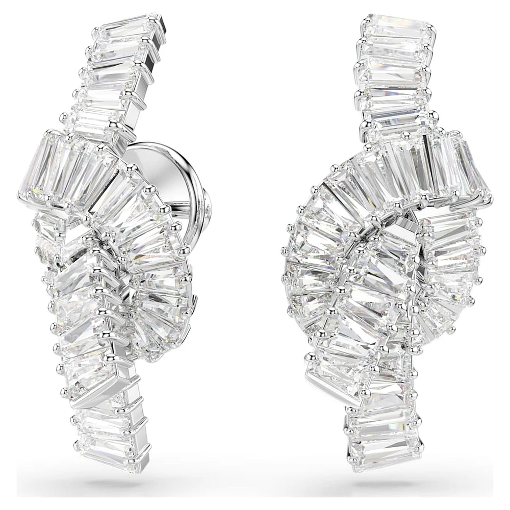 Matrix earrings, Baguette cut, Knot, White, Rhodium plated by SWAROVSKI