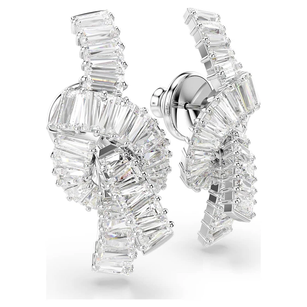 Matrix earrings, Baguette cut, Knot, White, Rhodium plated by SWAROVSKI