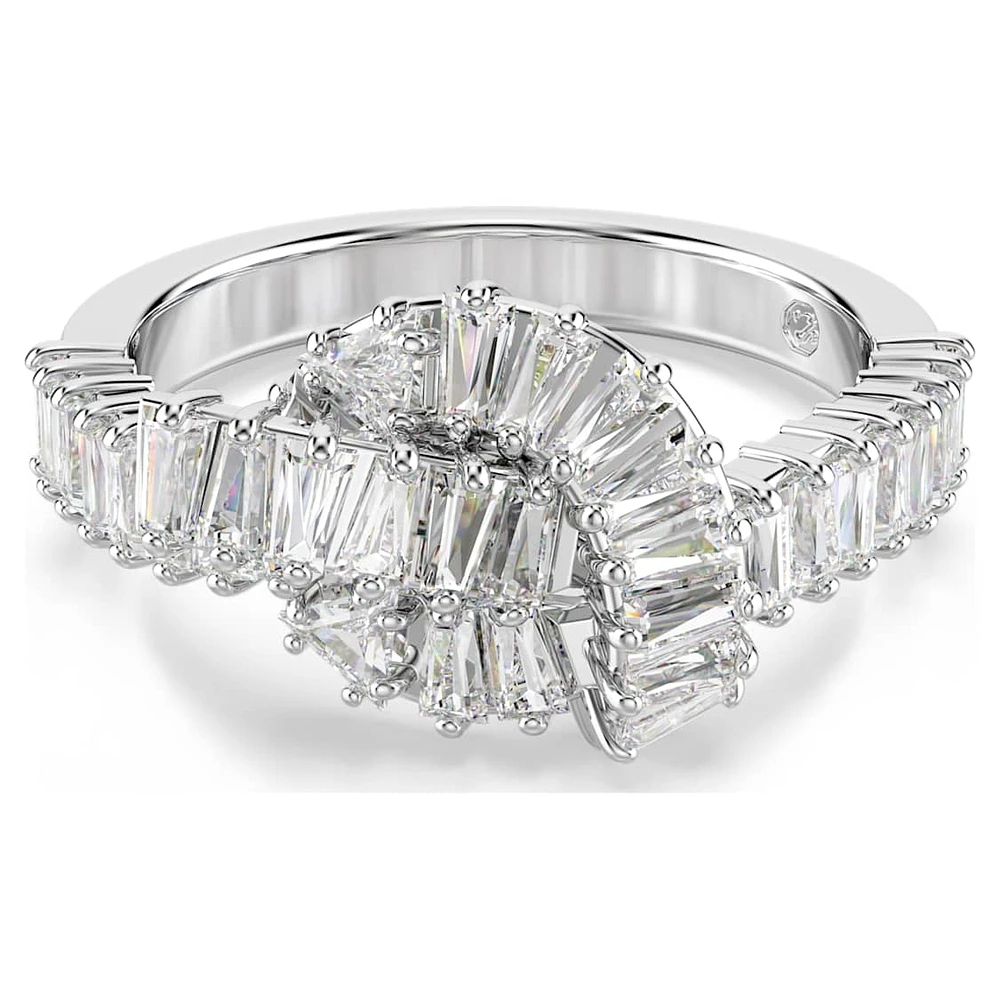 Matrix ring, Baguette cut, Knot, White, Rhodium plated by SWAROVSKI