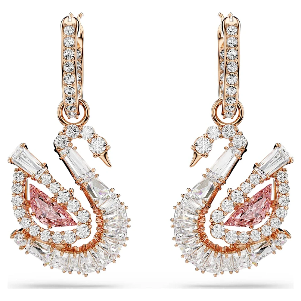 Swan drop earrings, Pavé, Swan, Pink by SWAROVSKI