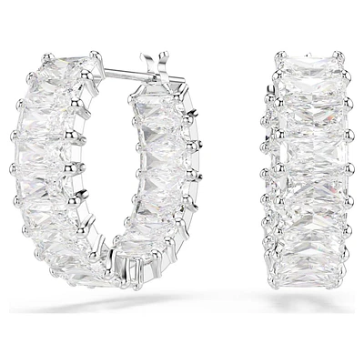 Matrix hoop earrings, Baguette cut, White, Rhodium plated by SWAROVSKI