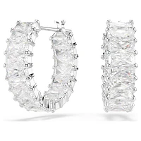 Matrix hoop earrings, Baguette cut, White, Rhodium plated by SWAROVSKI