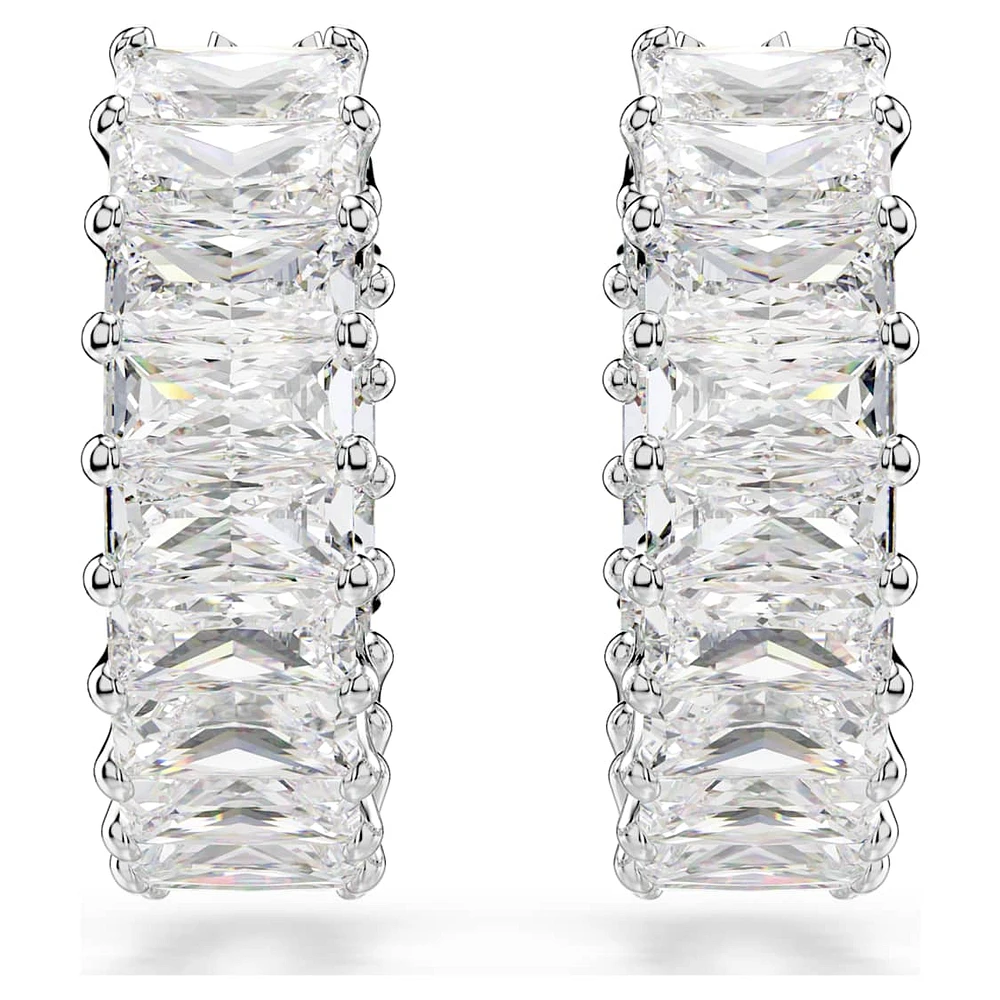 Matrix hoop earrings, Baguette cut, White, Rhodium plated by SWAROVSKI