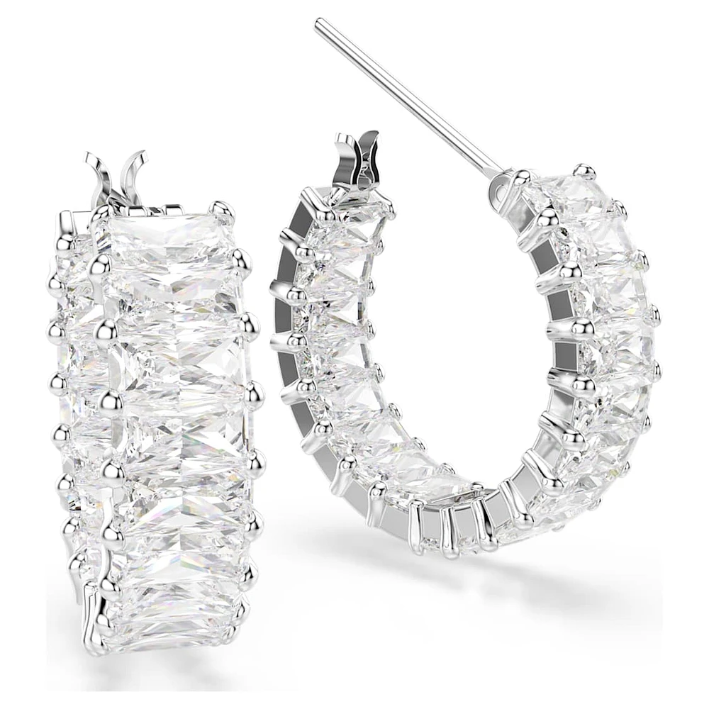 Matrix hoop earrings, Baguette cut, White, Rhodium plated by SWAROVSKI