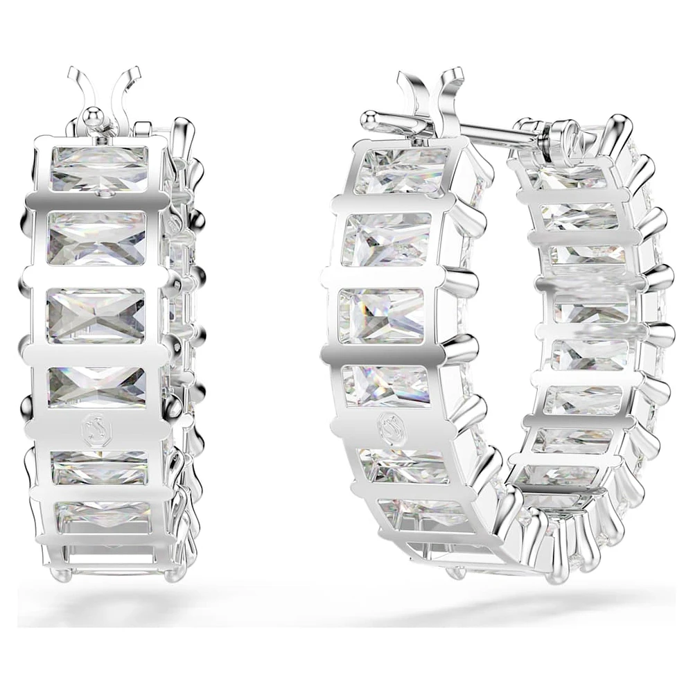Matrix hoop earrings, Baguette cut, White, Rhodium plated by SWAROVSKI