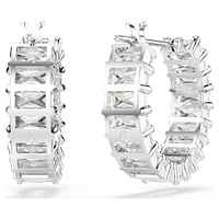 Matrix hoop earrings, Baguette cut, White, Rhodium plated by SWAROVSKI