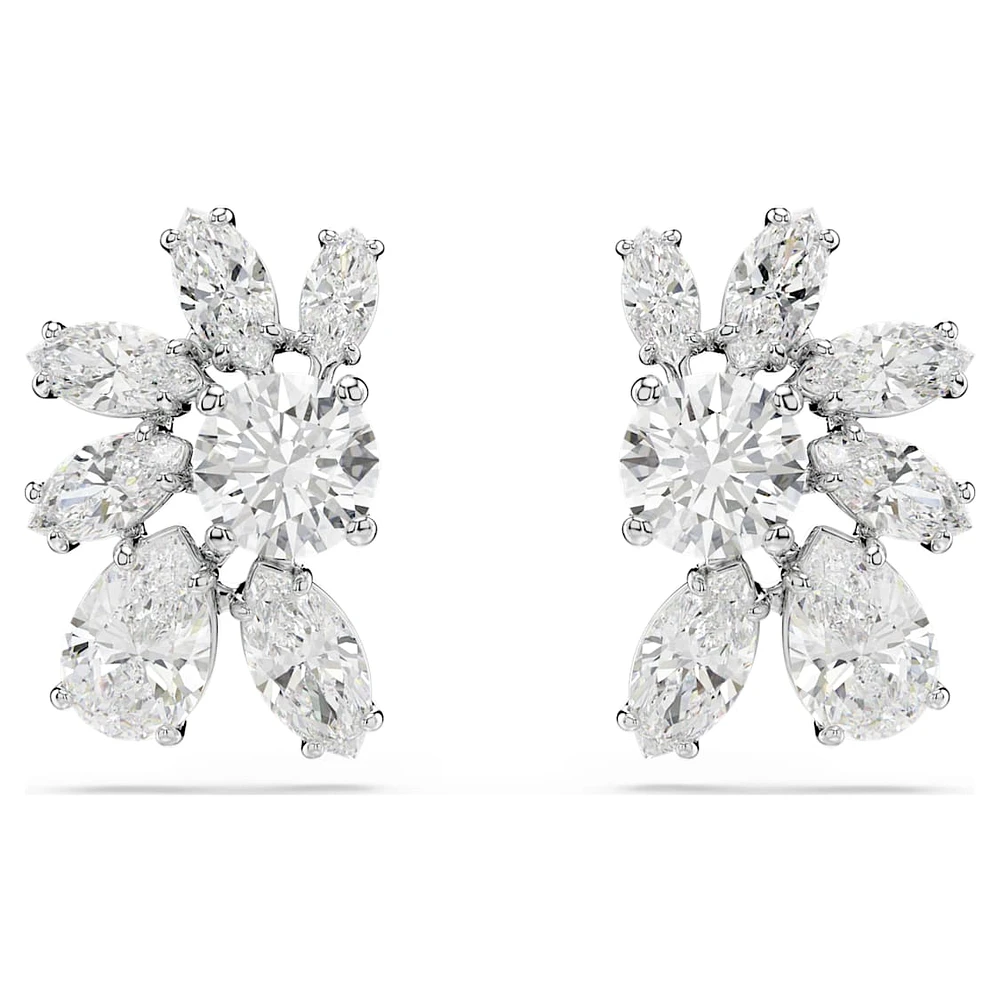 Mesmera stud earrings, Mixed cuts, Flower, White, Rhodium plated by SWAROVSKI