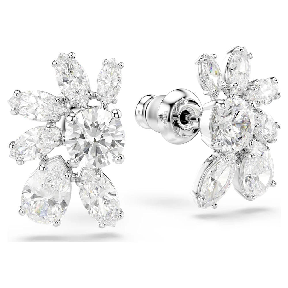 Mesmera stud earrings, Mixed cuts, Flower, White, Rhodium plated by SWAROVSKI
