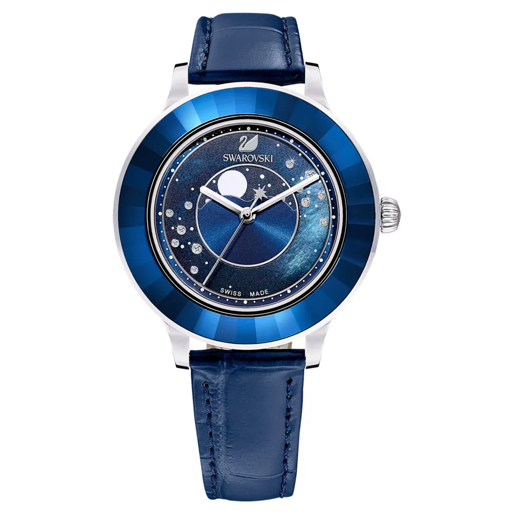Octea Lux watch, Swiss Made, Moon, Leather strap, Blue, Stainless steel by SWAROVSKI